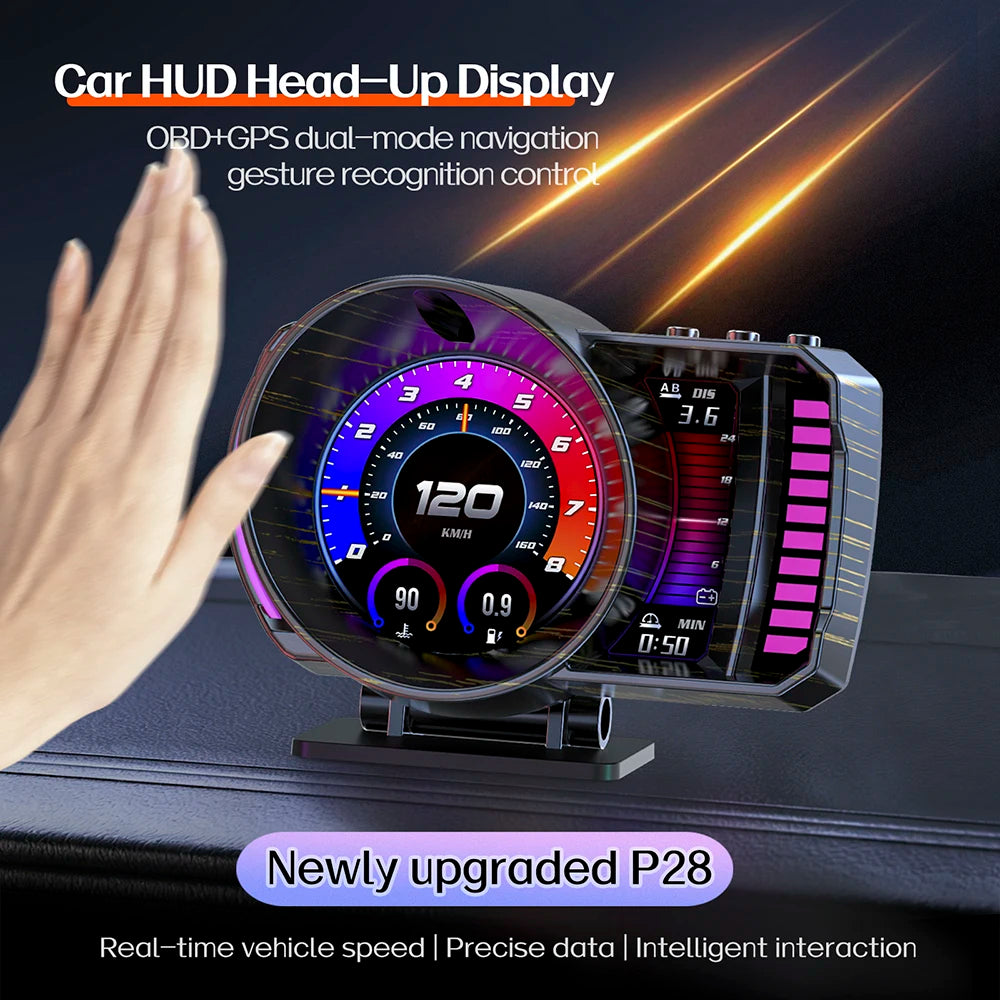 Car HUD OBD2+GPS Digital Dashboard LCD Screen RGB Ambient Light Gesture Sensing Multifunction Driving Display