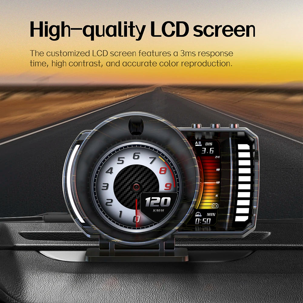 Car HUD OBD2+GPS Digital Dashboard LCD Screen RGB Ambient Light Gesture Sensing Multifunction Driving Display