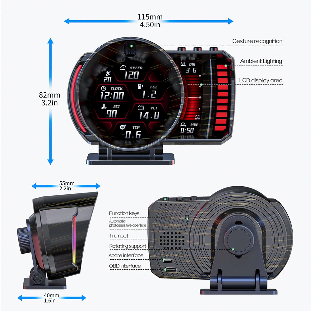 Car HUD OBD2+GPS Digital Dashboard LCD Screen RGB Ambient Light Gesture Sensing Multifunction Driving Display